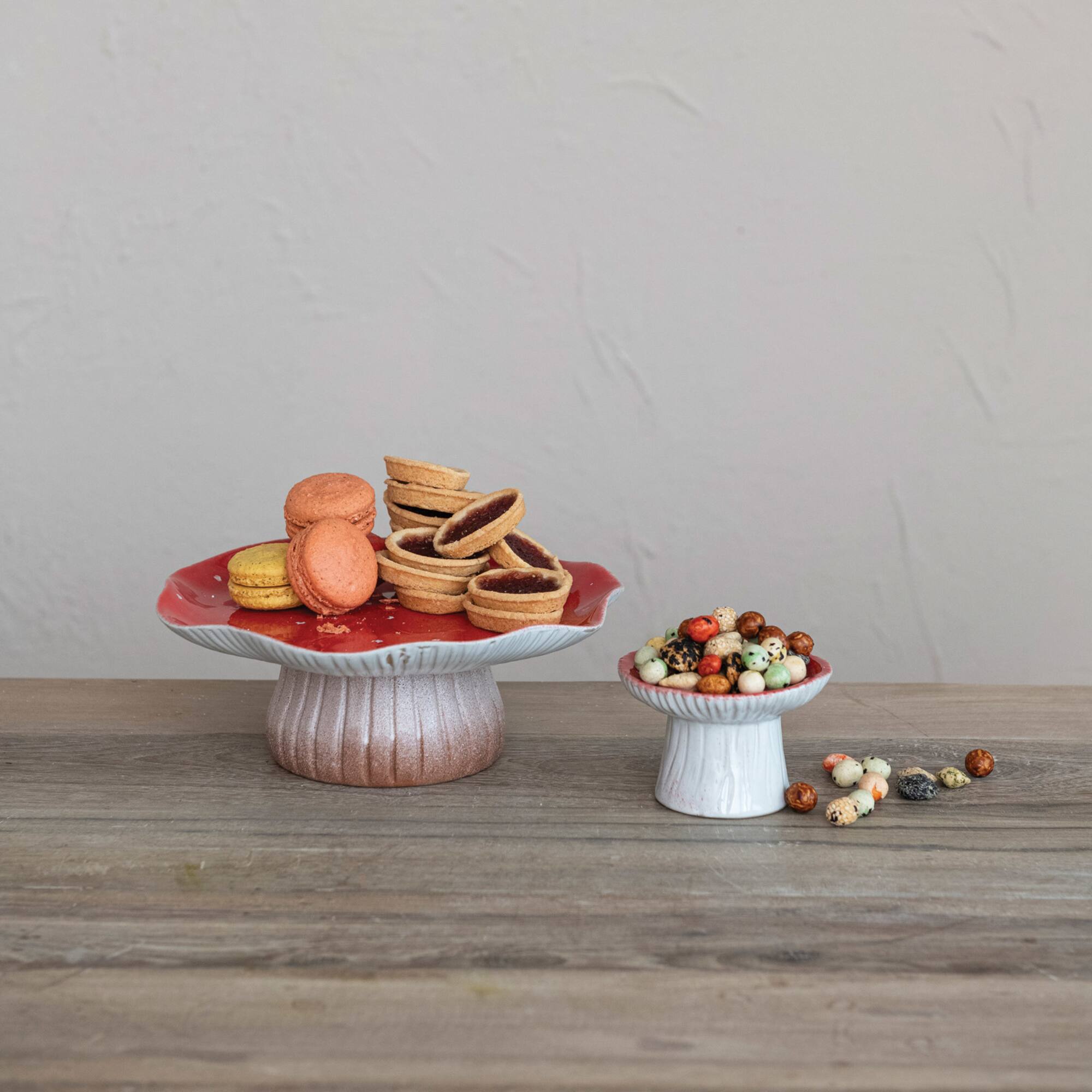 Hello Honey® 10" Red & White Reactive Glaze Round Stoneware Mushroom Pedestal